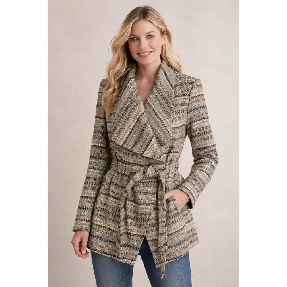 Jack BB Dakota Wrap Coat Jacket Women's S Blanket Belted Pockets Tan Blue Aztec